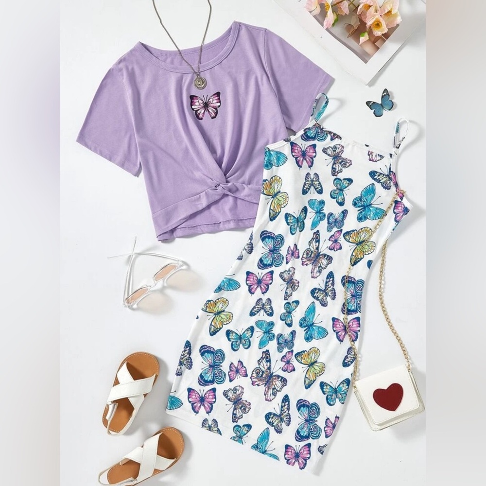 SHEIN Kids EVRYDAY Girls Butterfly Print Twist Tee & Cami Dress